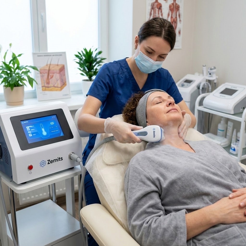 Aesthetician performing a Zemits body contouring treatment on a client